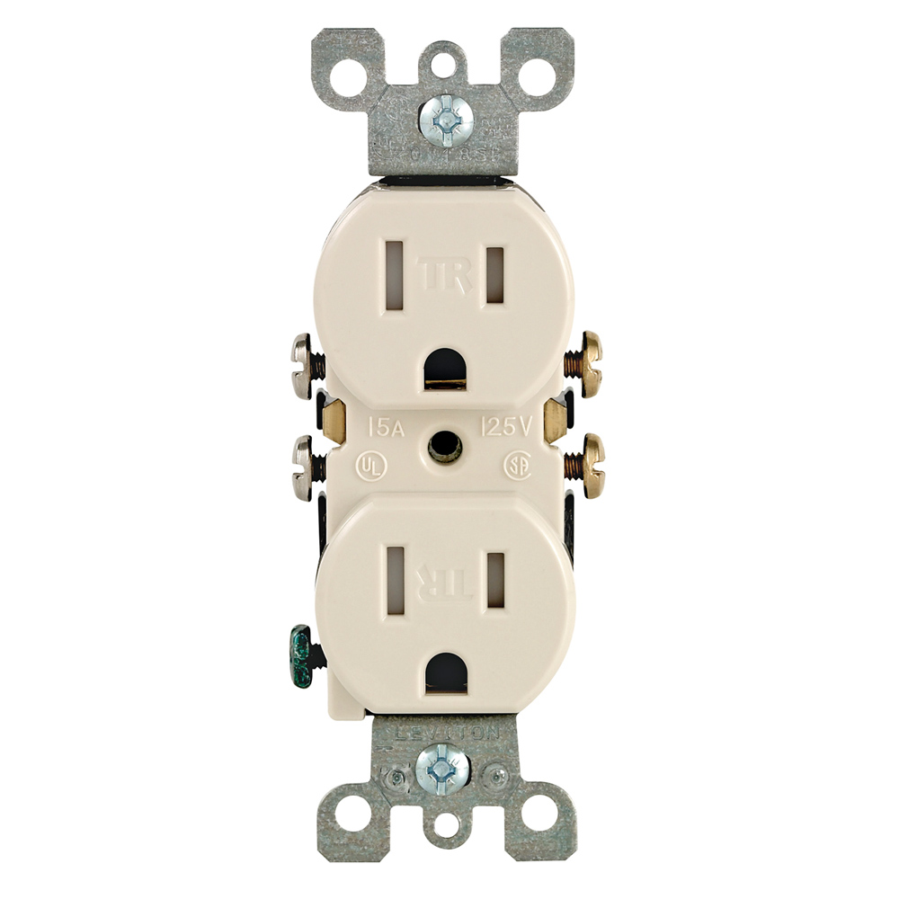 15 Amp, 125 Volt, NEMA 5-15R, 2P, 3W, Duplex Receptacle, Tamper Resistant, Straight Blade, Residential Grade, Grounding, All Screws Backed Out, With Ears, Quickwire Push-In & Side Wired, Steel Strap - Lt Almond,  2008 NEC Compliant