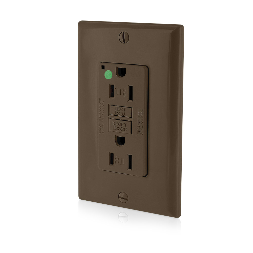 15 Amp, 125 Volt, SmartlockPro Slim Self-Test GFCI Receptacle, NAFTA Compliant,  FED-SPEC, Hospital Grade, Tamper-Resistant, NEMA 5-15R, 20A Feed-Through, 2P, 3W, Matching Wallplate Included - BROWN