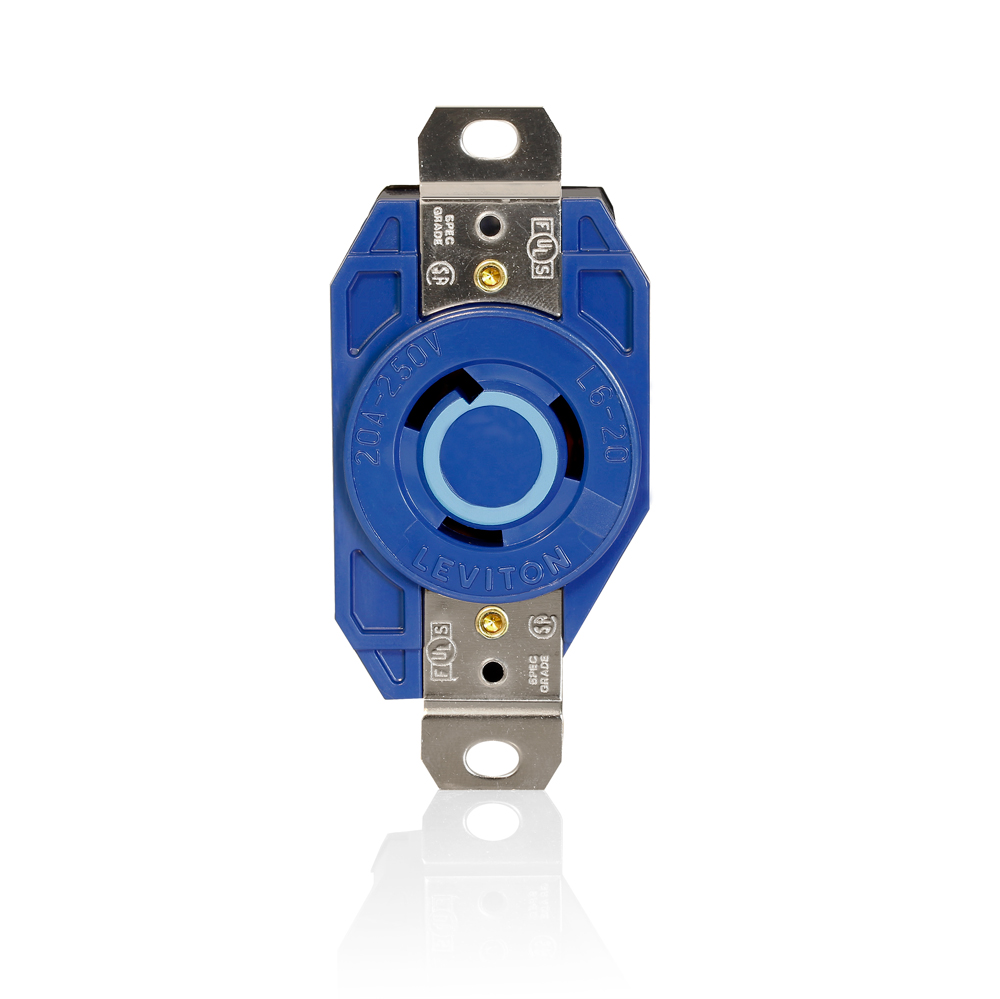 20 Amp, 250 Volt, NEMA L6-20R, 2P, 3W, Flush Mtg Locking Receptacle, Industrial Grade, Grounding, V-0-MAX - Blue