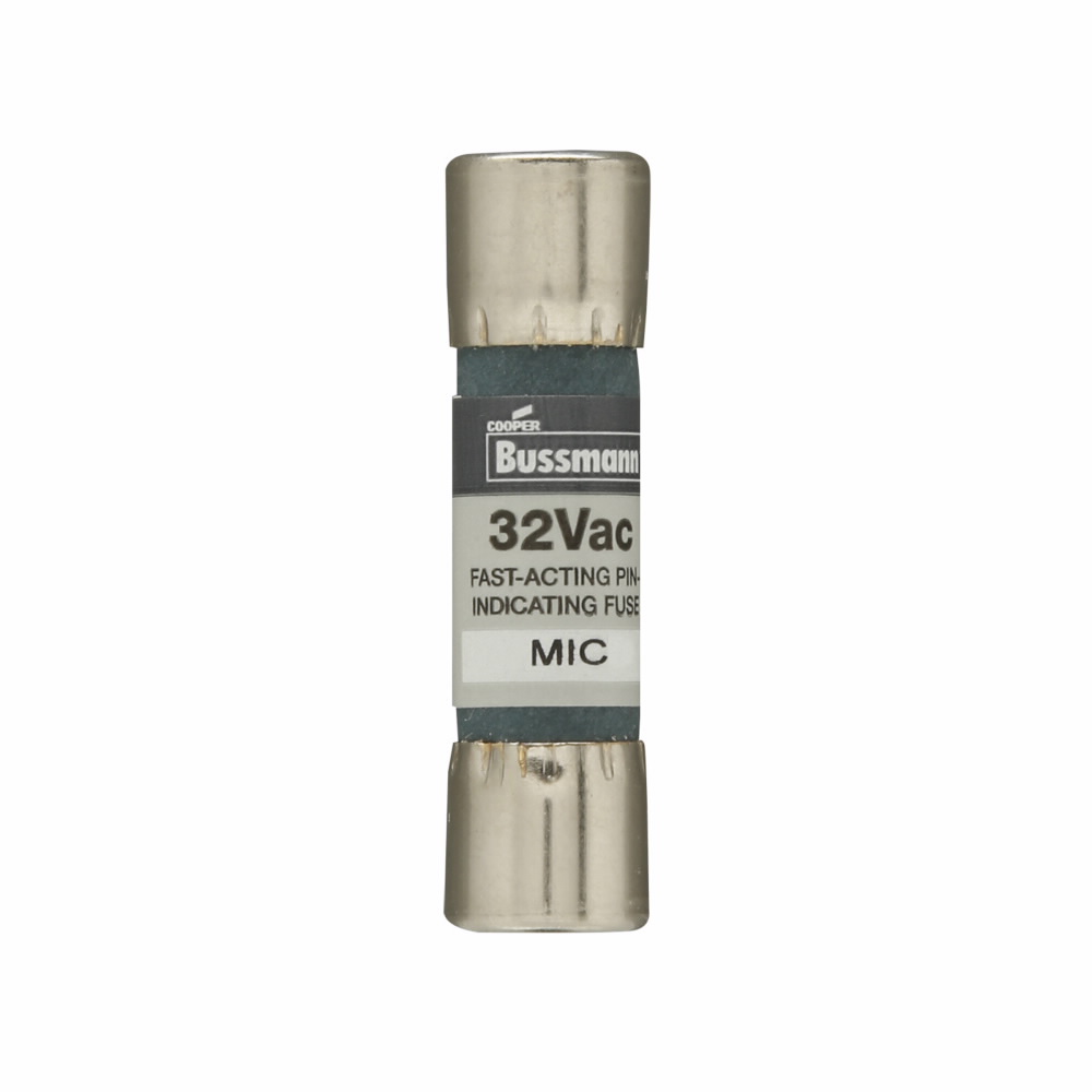 Eaton Bussmann series MIC fuse, Fast acting Midget fuse, Control circuits, PLC circuits, electronic circuits, 20 A, Non-indicating, Ferrule end x ferrule end, 10 kAIC at 32 Vac, Nickel-plated bronze endcap,Fiber tube, Standard, 32 V