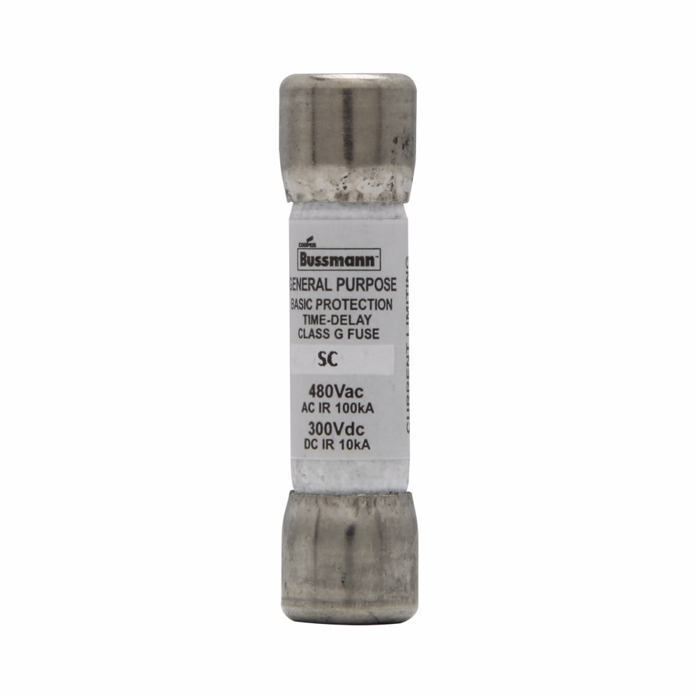 Eaton Bussmann series SC fuse, Current-limiting time-delay fuse, Rejection style, 25 A, Class G, Non-indicating, Ferrule end x ferrule end, 12 sec at 200%, 10 kAIC at 300 Vdc,100 kAIC at 480 Vac, Standard, 480 V, 300 Vdc