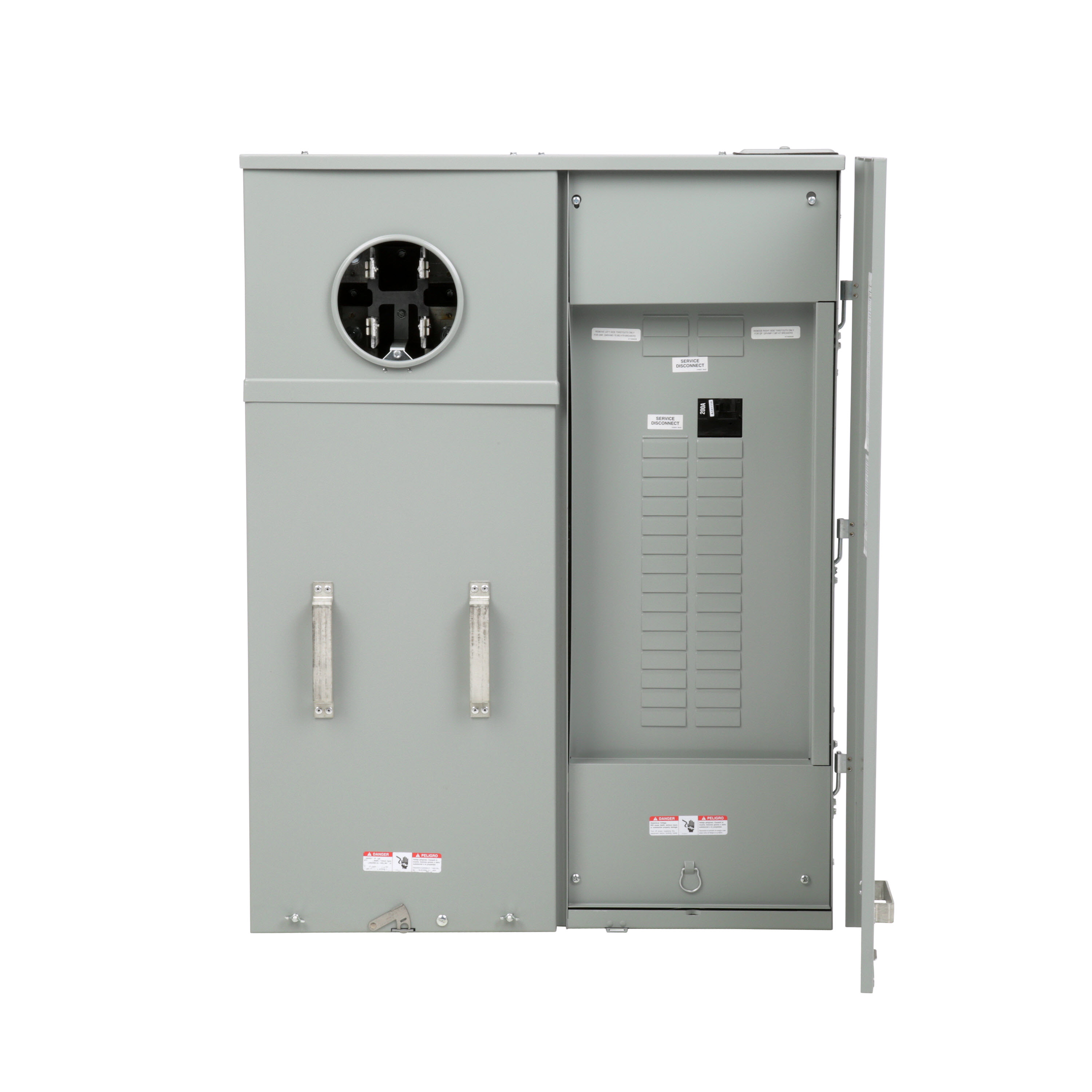 SIEMENS LOW VOLTAGE METER LOAD CENTER COMBINATION. FACTORY INSTALLED MAIN BREAKER 30 (1 INCH) SPACES INTERIOR ALLOWING MAX 42 CIRCUITS. 4-JAW METER / 1-PHASE SYSTEM RATED 200A. SPECIAL FEATURES OH/UG FEED, RING TYPE COVER, SURFACE MOUNTING, ALTERNATE ENERGY INPUT