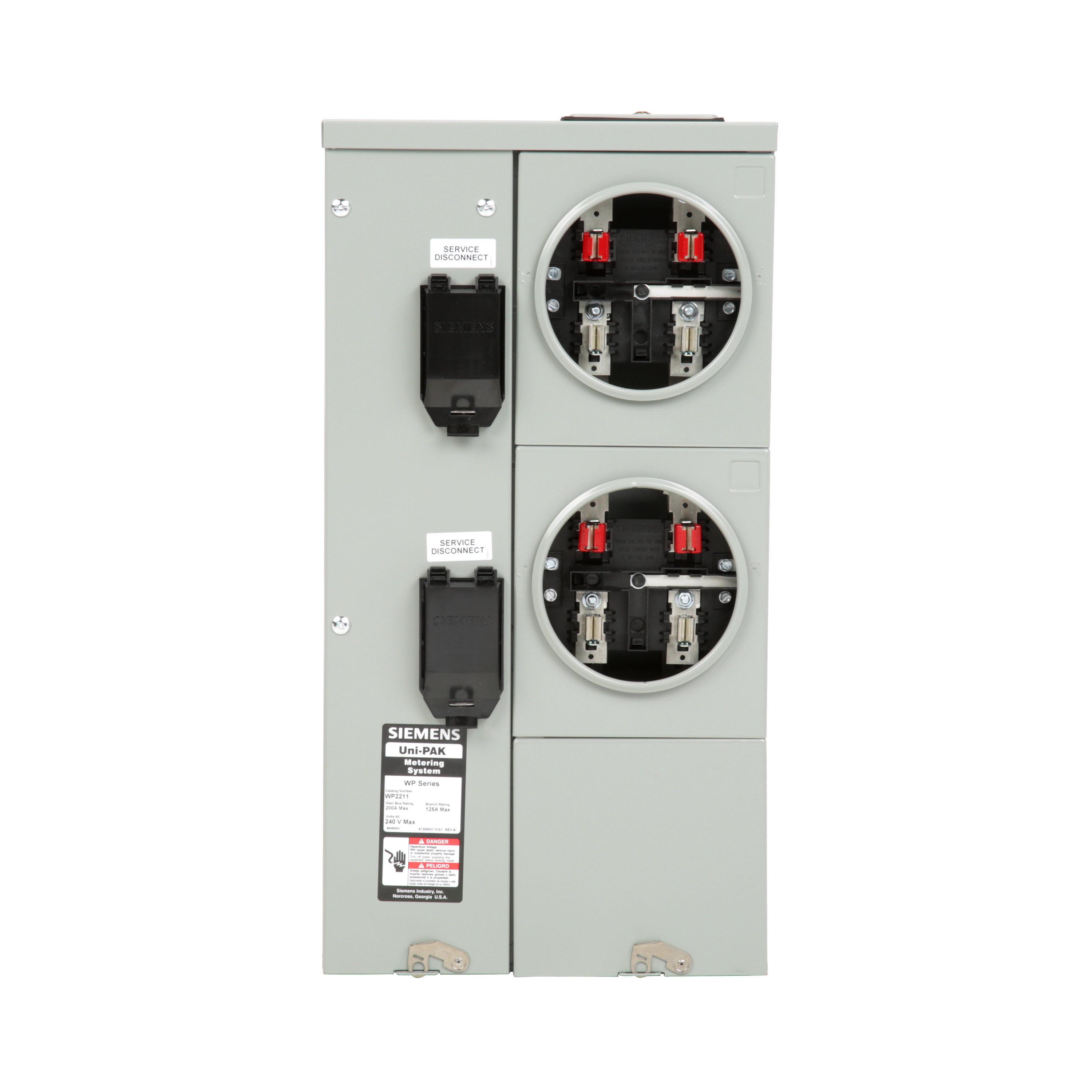 Siemens Low Voltage s Multi-Family Metering Line of PAK Metering Standard 125A as part of the PAK Metering Standard 125A Group. Type UNI-PAK Features NO BYPASSAppn GARDEN - STYLE Std UL-50,67,414 V. Rating 120/240V A. Rating 200A Phase 1PH Size 7.25 x 14.05 x 27.140 No. Of Cutouts 7 Cutout Size 2X1/2 , 1 x (1-1/2,1-1/4,1 ), 2 x (,2 ,1-1/2,1-1/4,1 ), 1 x (3,2-1/2,2,1-1/2,2 ), 1X4 Cable Entry TOP OR BOTTOM FEED Terminal 3X2 STUDS. Insulated.Appn . Wall Mounted. Enclosure RING