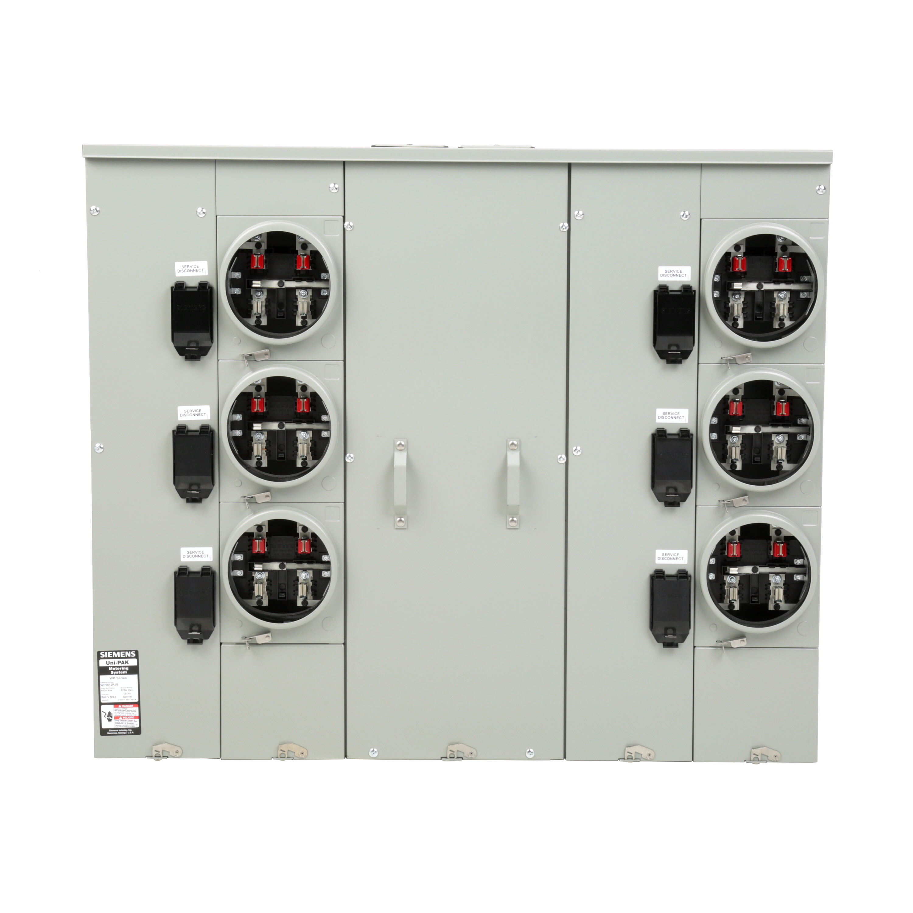 Siemens Low Voltage s Multi-Family Metering Line of PAK Metering Standard 225A as part of the PAK Metering Standard 225A Group. Type UNI-PAK Features HORN BYPASS Appn GARDEN - STYLE Std UL-50,67,414 V. Rating 120/240V A. Rating 600A Phase 1PH Size 9.00 x 51.29 x 36.630 No. Of Cutouts 17 Cutout Size 1 x (1/2,3/4,1,1-1/4 ), 12 x (2-1/2,2 ,1-1/2,1-1/4,1 ), 2 x (4,3-1/2,3,2-1/2,2 ), 2X4 Cable Entry TOP OR BOTTOM FEED Terminal 3X2 STUDS. Insulated.Appn . Wall Mounted. Enclosure RINGLESS