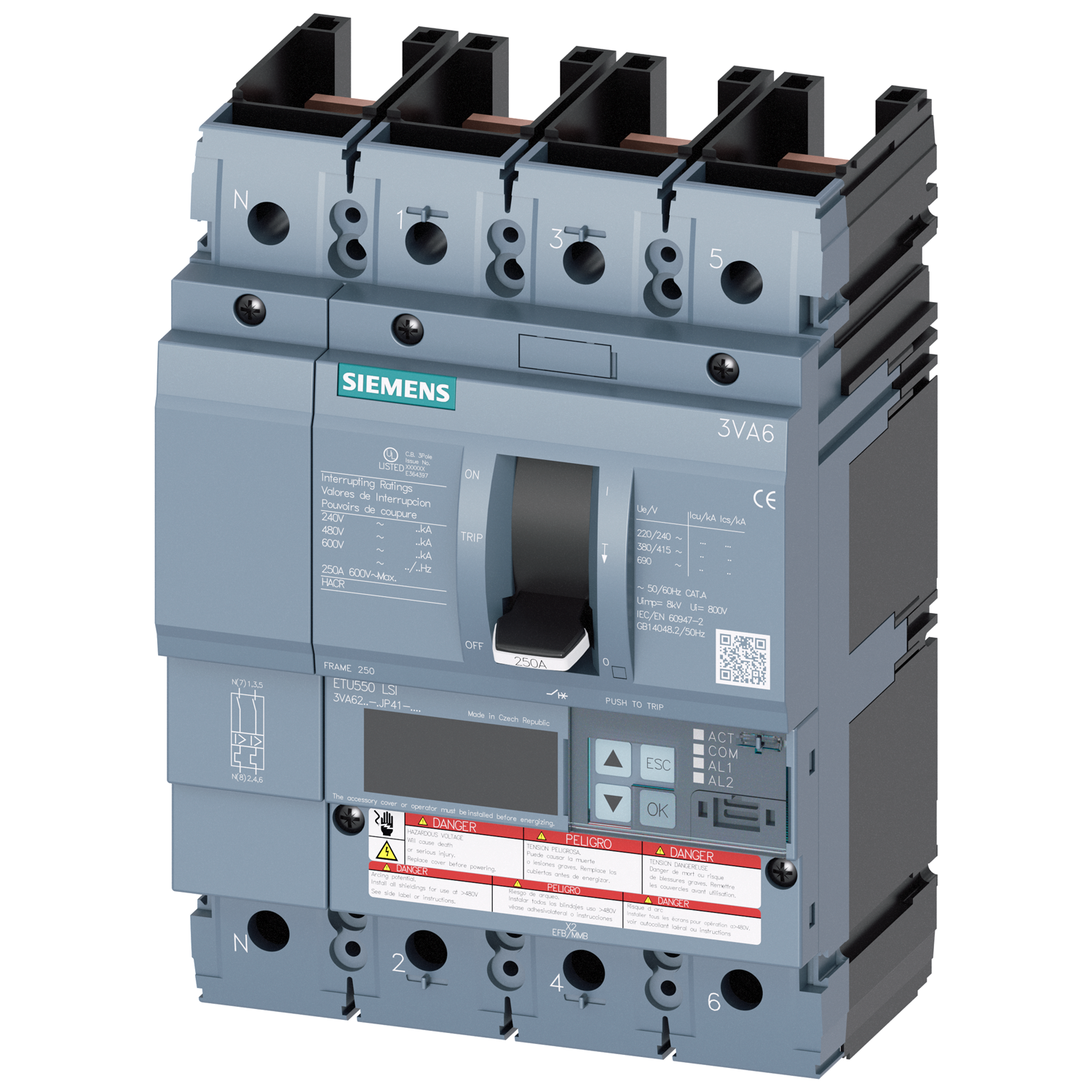 SIEMENS LOW VOLTAGE 3VA UL MOLDED CASE CIRCUIT BREAKER WITH ELECTRONIC TRIP UNIT. 3VA62 FRAME WITH MEDIUM HIGH (CLASS C) BREAKING CAPACITY. 100A 4-POLE (35KAICAT 600V) (100KAIC AT 480V). ETU550 TRIP UNIT LCD LSI. SPECIAL FEATURES WITHOUT LUGS.. DIMENSIONS (W x H x D) IN 5.5 x 7.8 x 4.2.