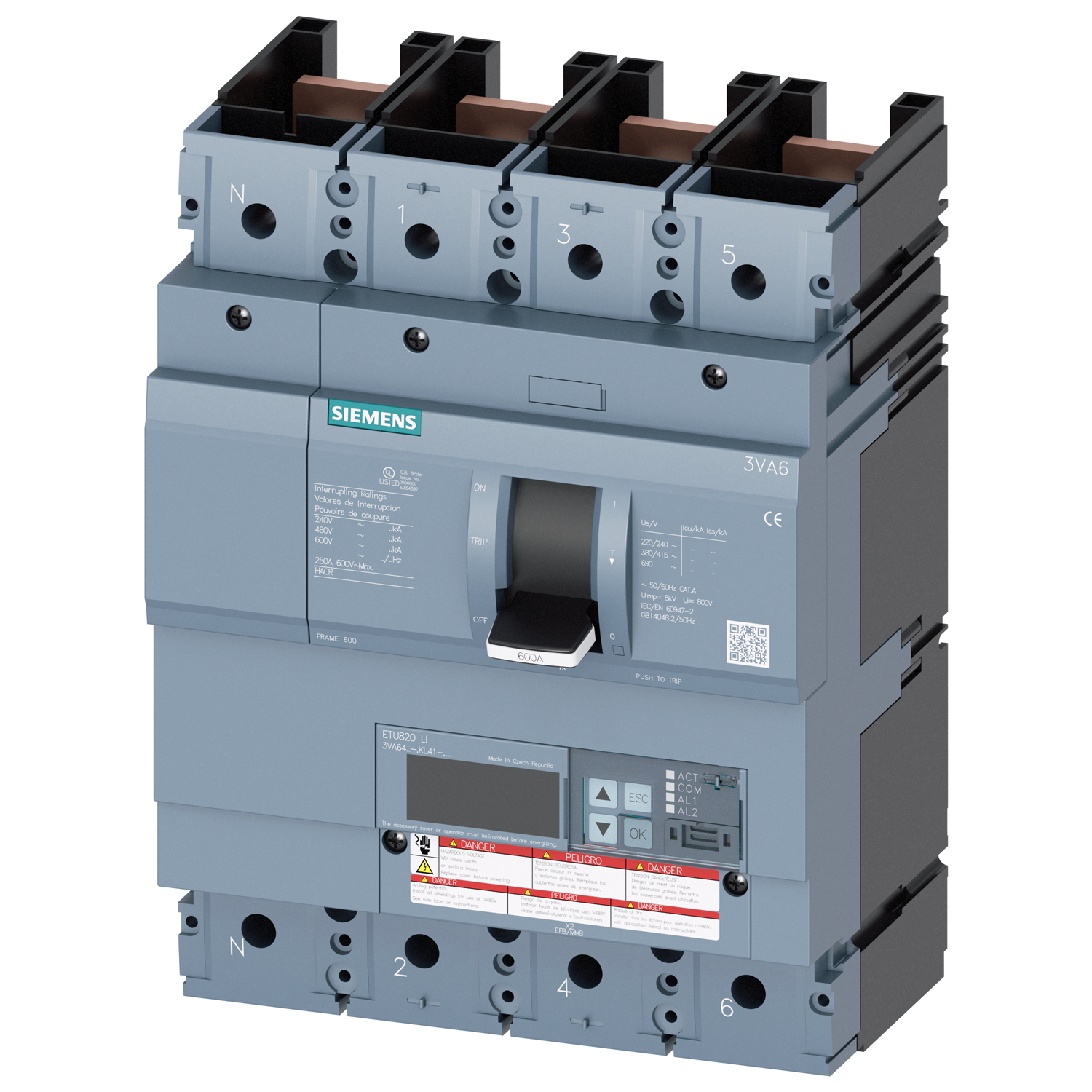 SIEMENS LOW VOLTAGE 3VA UL MOLDED CASE CIRCUIT BREAKER WITH ELECTRONIC TRIP UNIT. 3VA64 FRAME WITH MEDIUM (CLASS M) BREAKING CAPACITY. 400A 4-POLE (18KAIC AT 600V) (35KAIC AT 480V). ETU820 TRIP UNIT LCD LI WITH METERING. SPECIAL FEATURES WITHOUT LUGS. DIMENSIONS (W x H x D) IN 7.2 x 9.8 x 5.4.