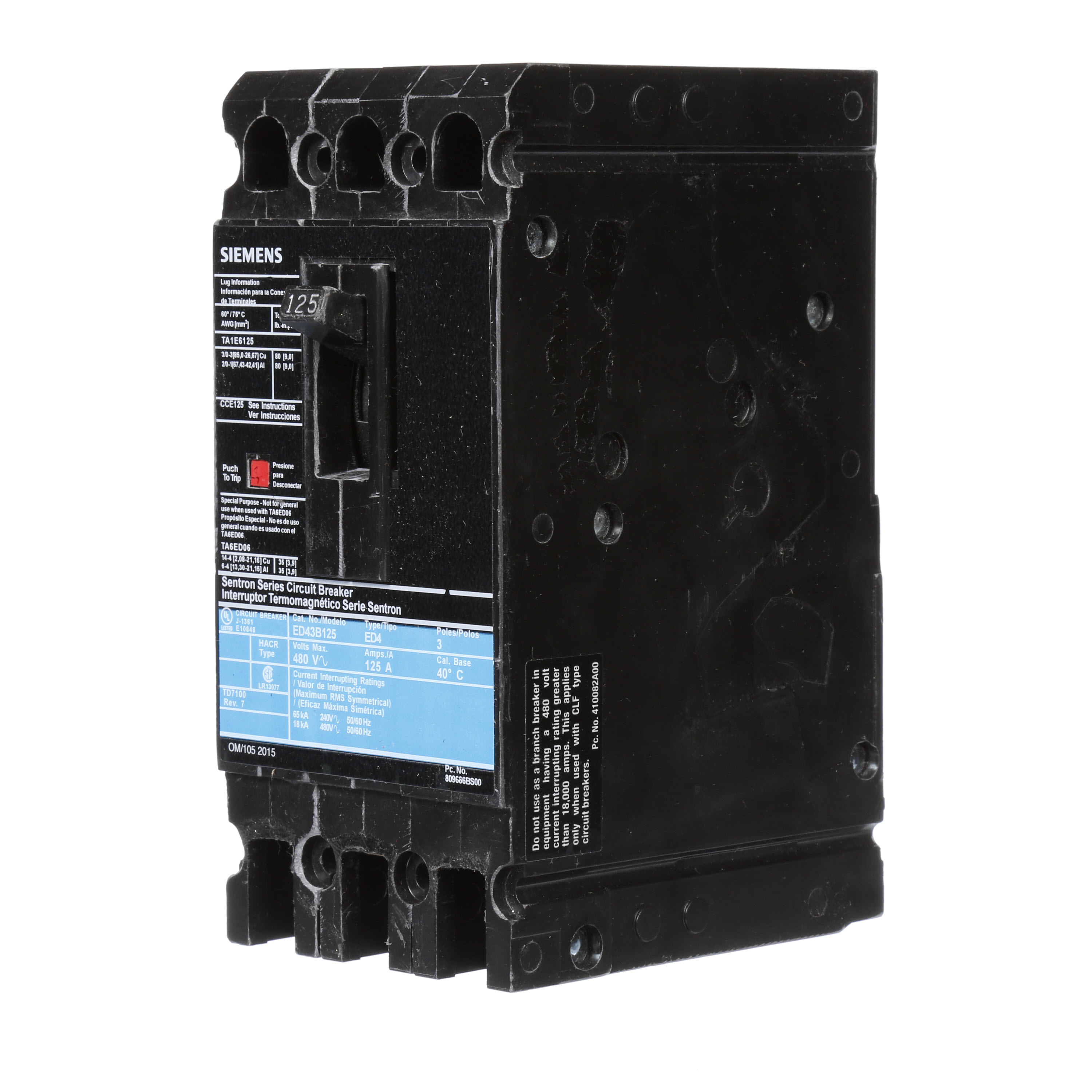 SIEMENS LOW VOLTAGE SENTRON MOLDED CASE CIRCUIT BREAKER WITH THERMAL - MAGNETICTRIP UNIT. STANDARD 40 DEG C BREAKER ED FRAME WITH STANDARD BREAKING CAPACITY. 125A 3-POLE (18KAIC AT 480V). NON-INTERCHANGEABLE TRIP UNIT. SPECIAL FEATURES LOAD LUGS ONLY (TA1E6125) WIRE RANGE 3 - 3/0AWG (CU) / 1 - 2/0AWG (AL). DIMENSIONS(W x H x D) IN 3.00 x 6.4 x 3.92.