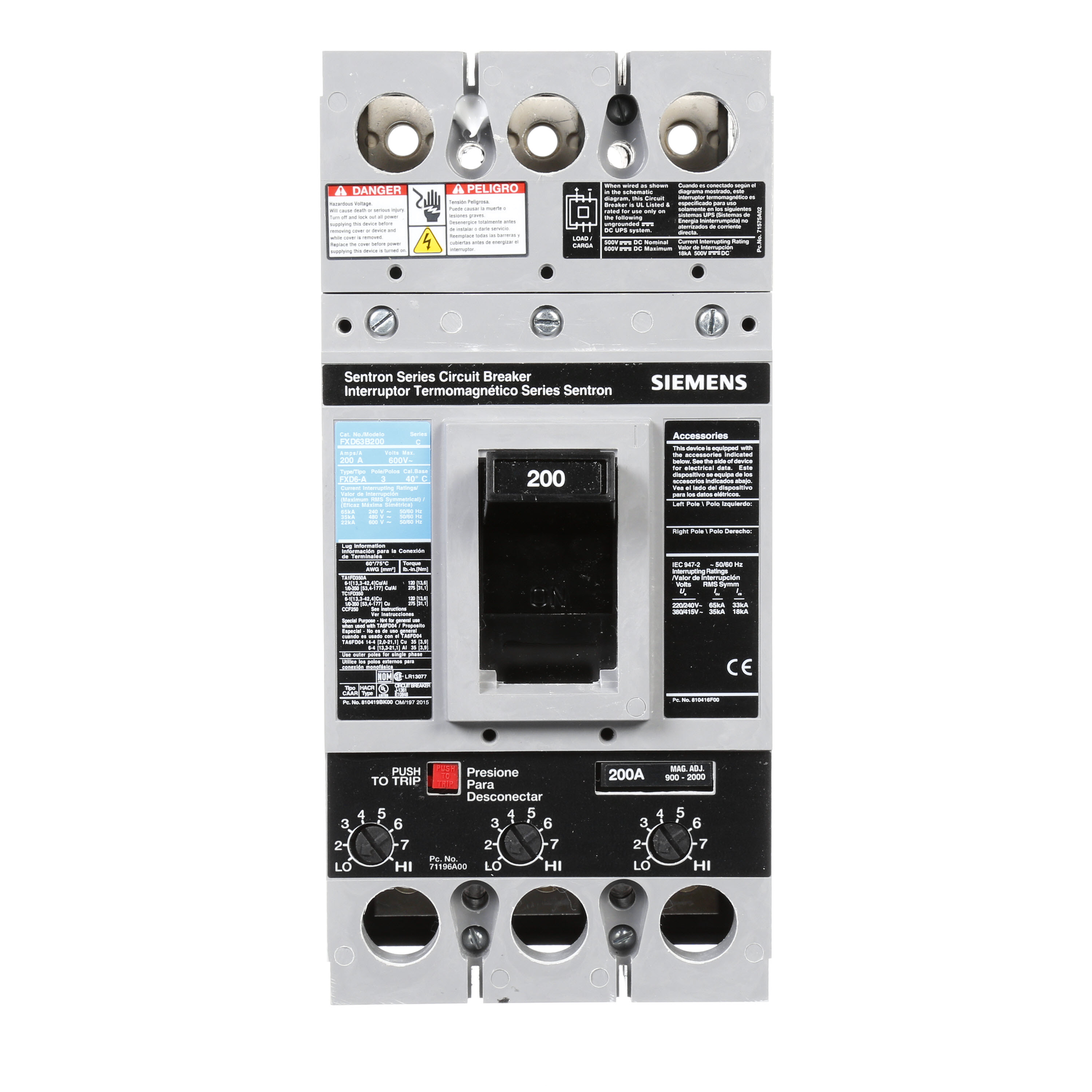 SIEMENS LOW VOLTAGE SENTRON MOLDED CASE CIRCUIT BREAKER WITH THERMAL - MAGNETICTRIP UNIT. ASSEMBLED STANDARD 40 DEG C BREAKER FD FRAME WITH STANDARD BREAKING CAPACITY. 200A 3-POLE (22KAIC AT 600V) (35KAIC AT 480V). NON-INTERCHANGEABLE TRIP UNIT. SPECIAL FEATURES NO LUGS INSTALLED. DIMENSIONS (W x H x D) IN 4.50 x 9.5x 4.00.