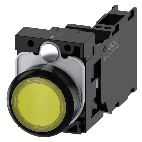 Illuminated pushbutton. 22mm. round. plastic. yellow. flat button. momentary contact type. with holder. 1NO+1NC. led module. with integrated led 24V AC/DC. spring-type terminal