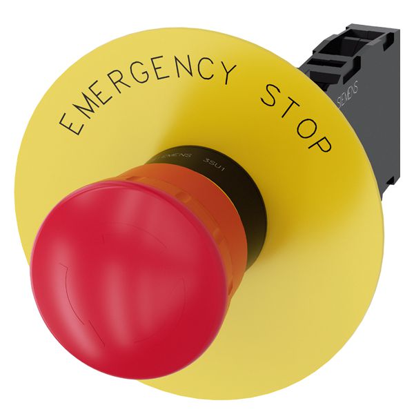 Em. stop mushroom pushbutton. 22mm. round. plastic. red. 40mm. latching. positive latching. rotate to unlatch. with yellow backing plate. inscription emergencystop. with holder. 1NO+1NC. screw terminal