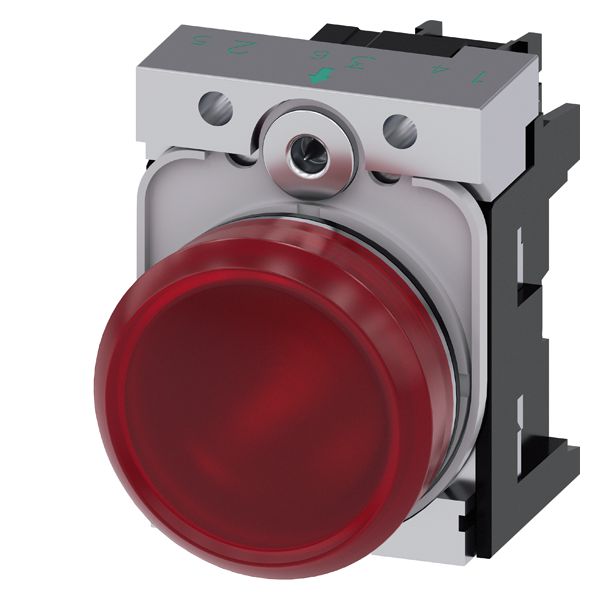 Indicator light, 22mm, round, metal, shiny, red, smooth lens, with holder, led module, with integrated led 24V AC/DC, screw terminal
