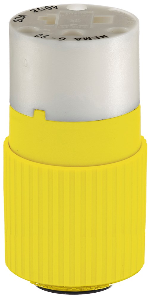 Straight Blade Devices, Female Connector Body, Heavy Duty, Industrial/Commercial Grade, Straight, 20A 250V, 2-Pole 3- Wire Grounding, 6-20R, Yellow, Single Pack, Hi-Viz Yellow