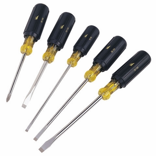 Screwdriver Set, Cushioned Rubber Grip Handle, Chrome Vanadium Steel Blade, 5 Pieces, Includes: 35-194 - #2 X 4 IN Long Shank Phillips, 35-154 - 1/4 IN Square X 4 IN Long Shank Heavy-Duty Slotted Keystone, 35-186 - 3/16 IN Diameter X 6 IN Long Shank Electrician's Cabinet, 35-151 - 1/4 IN X 6 IN Long Shank Heavy-Duty Cabinet, 35-166 - 5/16 IN X 6 IN Long Shank Keystone