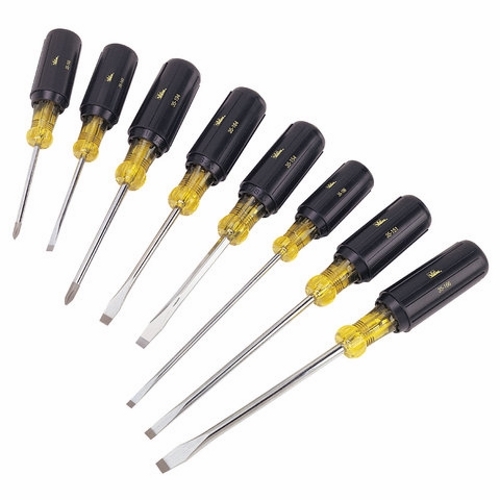 Screwdriver Set, Cushioned Rubber Grip Handle, Chrome Vanadium Steel Blade, 8 Pieces, Includes: 35-193 - #1 X 3 IN Long Shank Phillips, 35-194 - #2 X 4 IN Long Shank Phillips, 35-154 - 1/4 IN Square X 4 IN Long Shank Heavy-Duty Slotted Keystone, 35-1...