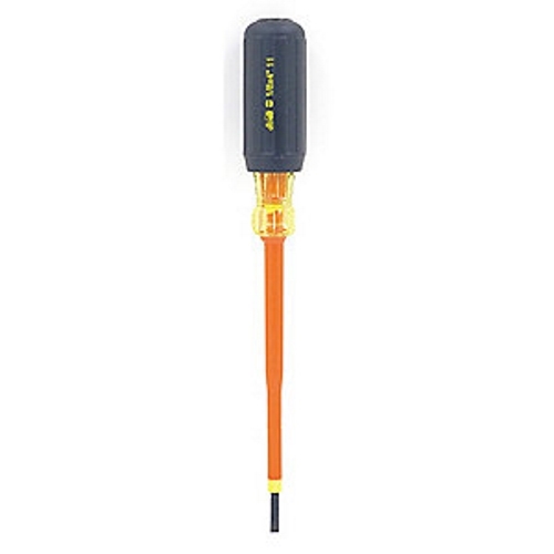 Insulated Slotted Screwdriver, 1/8 IN Tip, Overall Length: 6-3/4 IN, Cushion Grip Handle, Tempered Chrome Vanadium Handle, 4 IN Blade Length, Tempered Chrome Vanadium Blade, 4 IN Shank, Round Shank, Meets ASTM F1505-01 And IEC 60 900, And OSHA Requirements For Insulated Tools 29 CFR 1919