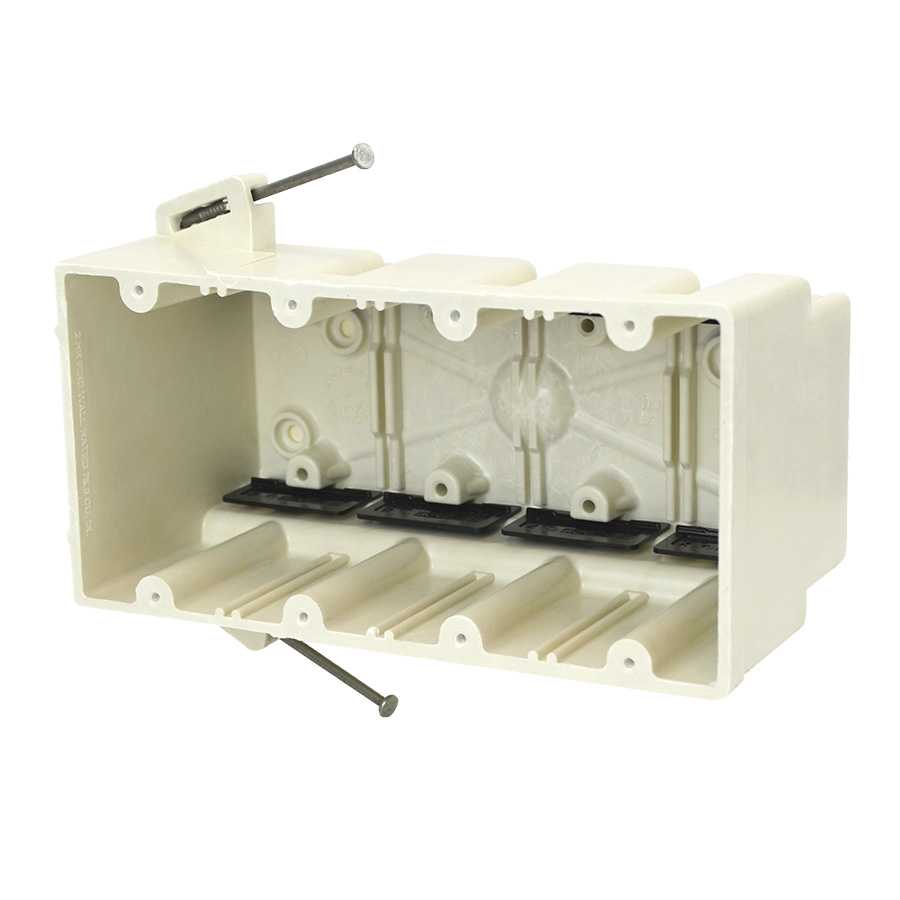 75.0 Cu. In. Four gang electrical box for use with nonmeatllic sheathed cable - Machine tapped device holes, offset gauge marks, leveling ribs, rigid hard box construction, no distortion with high temperatures, shatter resistant with low temperatures...