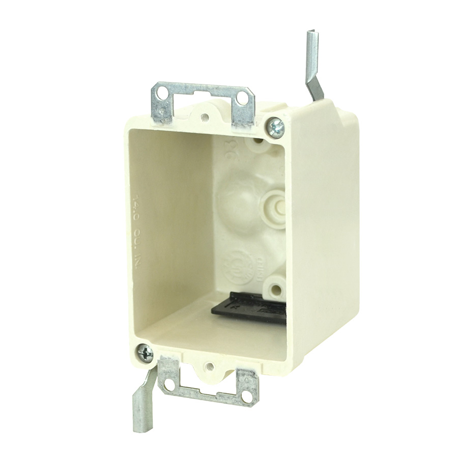 14.0 Cu. In. Single gang electrical box for use with nonmeatllic sheathed cable - Machine tapped device holes, rigid hard box construction, no distortion with high temperatures, shatter resistant with low temperatures - Old work residential construction 2 HR fire resistive walls and ceilings - Fiberglass reinforced polyester - thermoset box - Size: D=2 1/2