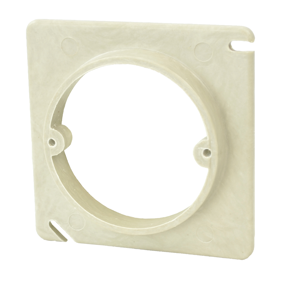 4.8 Cu. In. 4 square inch electrical junction box 3/0 outlet box plaster ring - Quick change/assemble cover screw holes and slots, machine tapped fixture holes, rigid hard box construction, no distortion with high temperatures, shatter resistant with low temperatures - Cover for Allied Moulded 4 square inch junction boxes (9339, 9342, and 9343) with provision for 3/0 outlet profile and use with 1/2