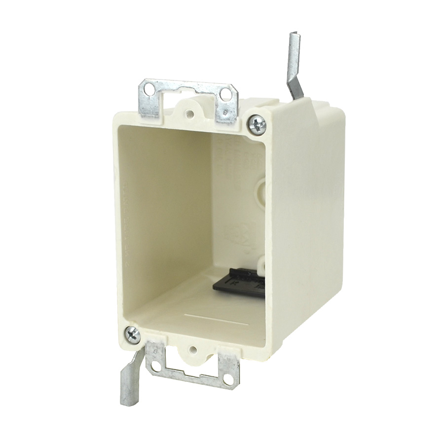 16.0 Cu. In. Single gang electrical box for use with nonmeatllic sheathed cable - Machine tapped device holes, rigid hard box construction, no distortion with high temperatures, shatter resistant with low temperatures - Old work residential construction 2 HR fire resistive walls and ceilings - Fiberglass reinforced polyester - thermoset box - Size: D=2 27/32