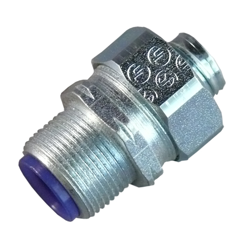 Liquidtight Flexible Conduit Connector, Type Straight, Throat Type Nylon Insulated, Trade Size 3/8 Inch, Material Zinc Electroplated Steel, Standard Package 100, Approval UL 514B, CSA C22.2, Used On Liquidtight Flexible Metal Conduit, Size 1.13 Inch Dia, Thread Size 11 MM, Insulator Color Blue, Application Oiltight, Raintight, Wet Location