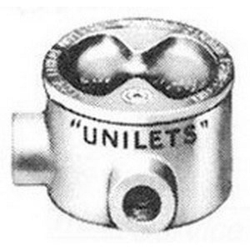 UNILETS Outlet Box, Number Of Outlet: 2, Material: Malleable Iron, Size: 1 IN, Cable Entry: (2) 1 IN GRHL Hub, Cubic Capacity: 13.8 CU-IN, Knockouts: No, Cover Opening: 3.38 IN, Height: 3-3/4 IN, Width: 3-3/4 IN, Depth: 1.63 IN, Nema Rati