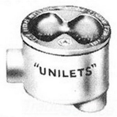 UNILETS Outlet Box, Number Of Outlet: 2, Material: Malleable Iron, Size: 1/2 IN, Cable Entry: (2) 1/2 IN GRHLB Hub, Cubic Capacity: 13.8 CU-IN, Knockouts: No, Cover Opening: 3.38 IN, Height: 3-3/4 IN, Width: 3-3/4 IN, Depth: 1.63 IN, Nema