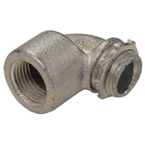 90 DEG Short Box Connector, Size: 1/2 IN, Connection: Female Threaded X Male Threaded, Material: Malleable Iron, Thread Length: 0.44 IN, Standard: UL 514B, UL File Number E14814, CSA C22.2 No. 18.3, CSA 065178, For Use To Connect Thread