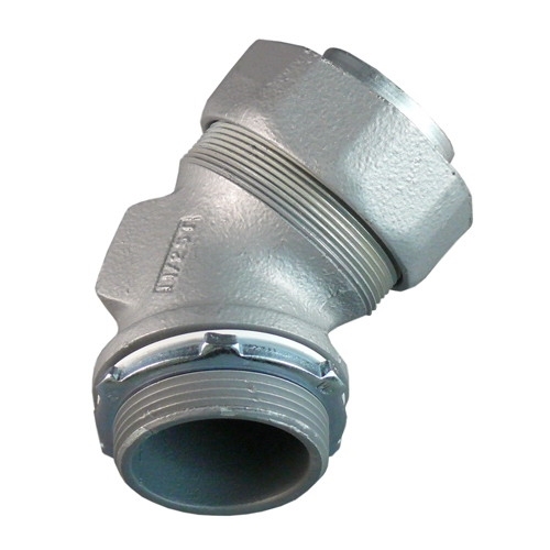 ST Series 45 DEG Liquidtight Connector With Plain Throat, Size: 2-1/2 IN, Connection: Threaded X Compression, Material: Malleable Iron, Finish: Chromate, Epoxy Powder Coat/Zinc Electroplated, Thread Length: 1.06 IN, Standard: Class I, Di