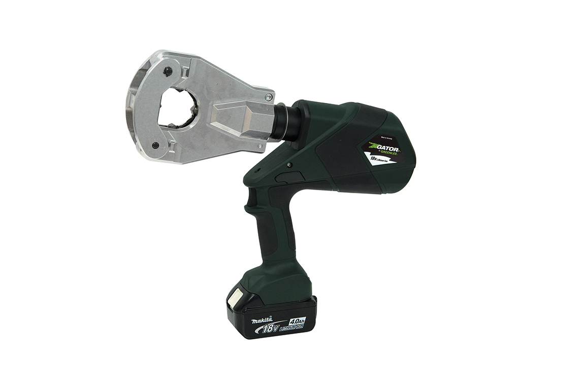 Gator® Battery Powered 6 Ton Quad Flip Top Crimper.  Equipped with Bluetooth™ Communication enabled via the Greenlee Gator Eye app. Features LED display screen communicating pressure and battery levels as well as tool diagnostics with real-time tool...