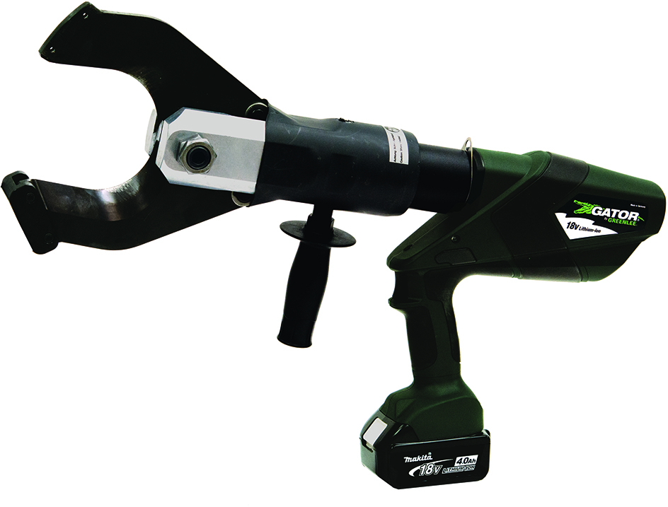 Gator® ESC105L Battery Powered Cable Cutter with 120V Charger.  Equipped with Bluetooth™ Communication enabled via the Greenlee Gator Eye app.  Features LED display screen communicating pressure and battery levels as well as tool diagnostics with rea...