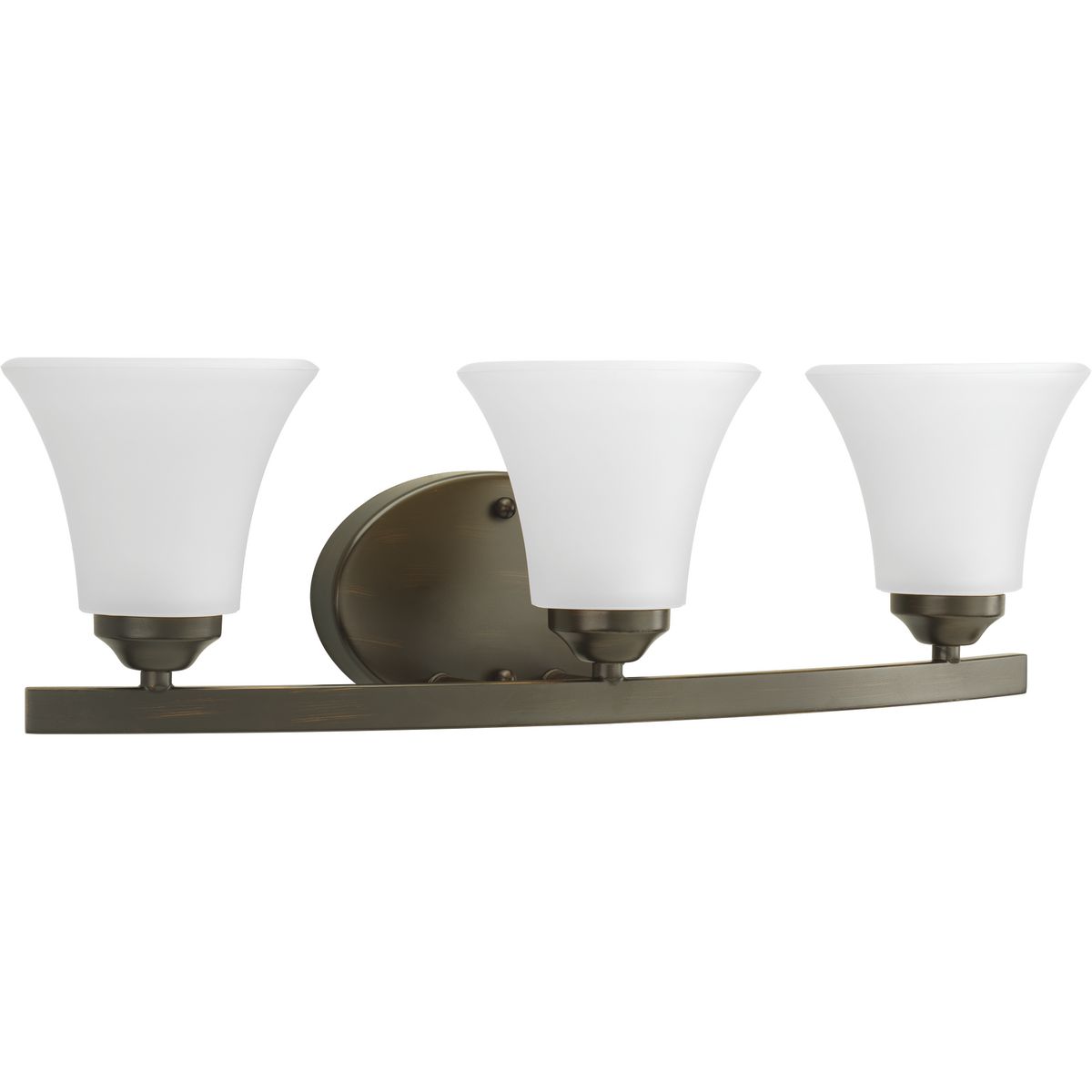 Adorn features a sweeping arced frame that supports elegant, tapered glass shades. This three-light bath fixture is finished in Antique Bronze with etched glass. It can be installed with shades facing either up or downwards. Adorn coordinates great with the Joy and Bravo families.