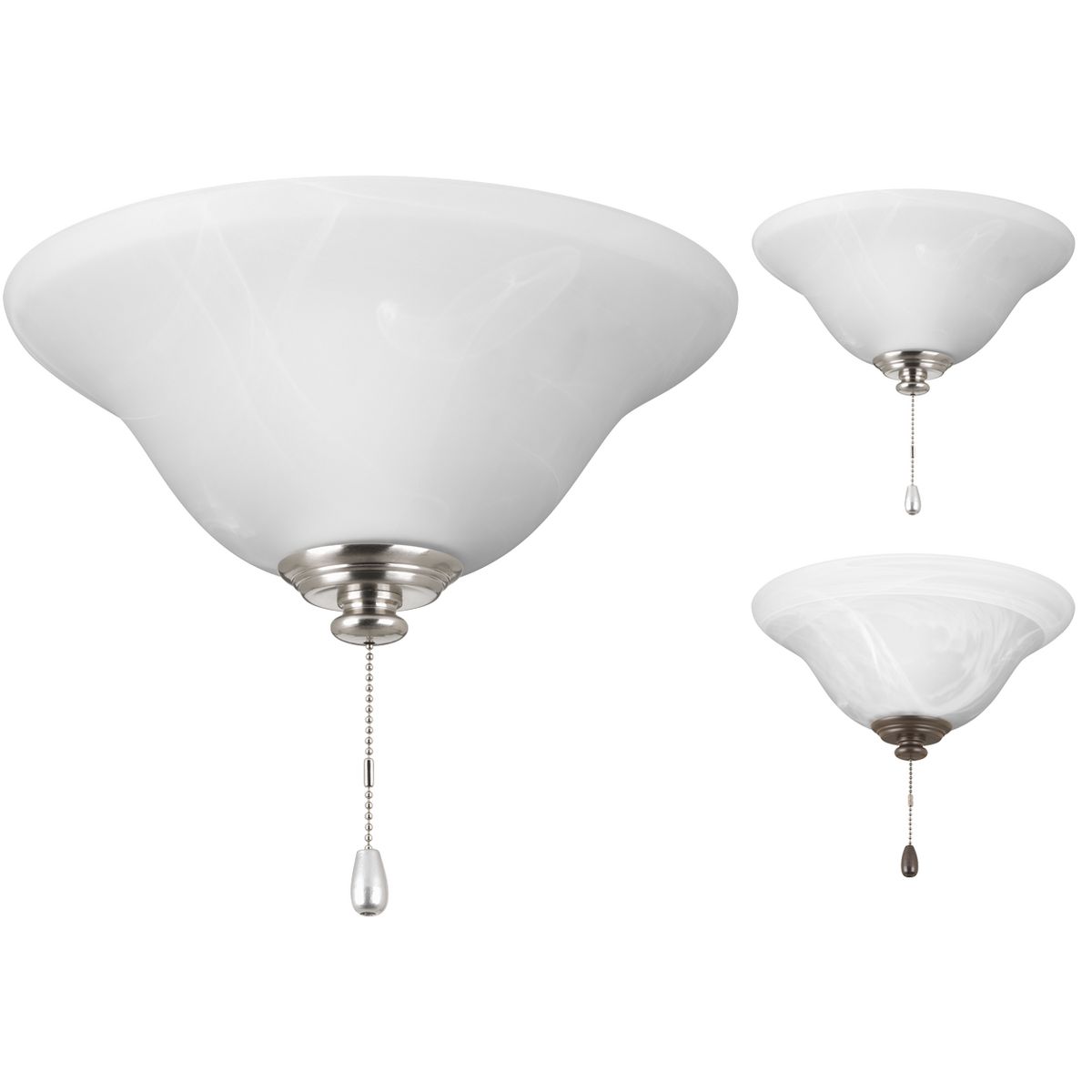 LED fan kit with alabaster style glass bowl. Finials included are -09 Brushed Nickel, -20 Antique Bronze, and -30 White with corresponding pull chain. 1241 source lumens, 1150 lumens delivered. Universal style lets you use with any indoor fan that accept an accessory light. Quick-connect wiring makes the installation process quick and easy.