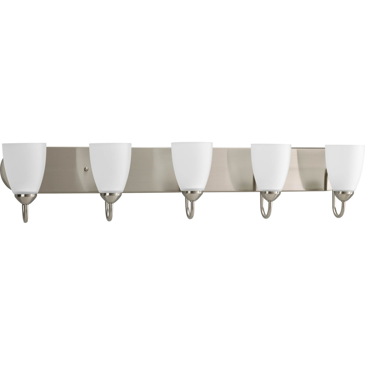 Gather possesses a smart simplicity to complement today's home. This five-light bath bracket contains etched glass shades which add distinction and provide pleasing illumination to your room. Featuring a glamorous Brushed Nickel finished frame, this collection allows you to decorate an entire home with confidence and style.