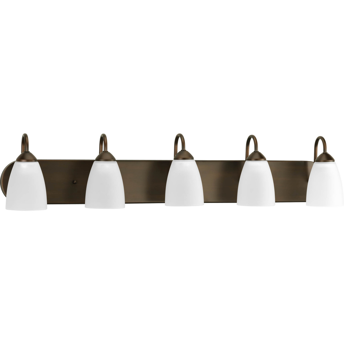 Gather possesses a smart simplicity to complement today's home. This five-light bath bracket contains etched glass shades which add distinction and provide pleasing illumination to your room. Featuring a beautiful Antique Bronze finished frame, this collection allows you to decorate an entire home with confidence and style.