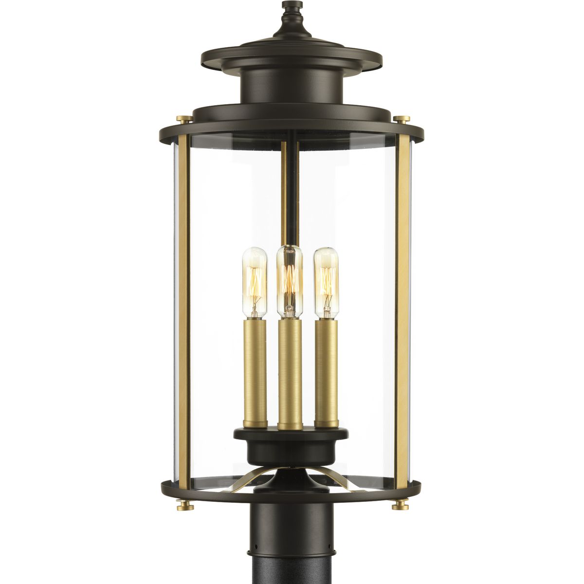 Squire three light post lantern features a classic traditional profile with clean, modern metal fittings. The Antique Bronze finish is accented with contrasting Vintage Brass metallic elements, the cylindrical frame is comprised of a clear glass diff...