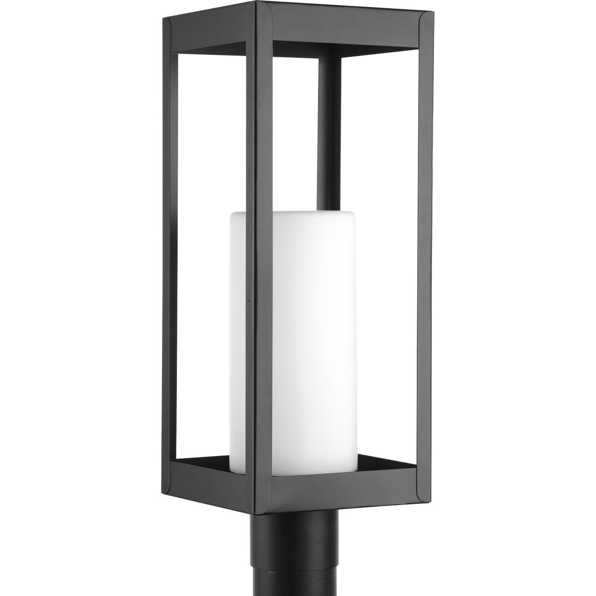 One-light post lantern in the Patewood Collection have a modern shadowbox housing in a sleek Black finish constructed from durable stainless steel for years of reliability. The pillar candle style diffusers provide a crisp illumination for a pleasing complement to your home�s exterior.