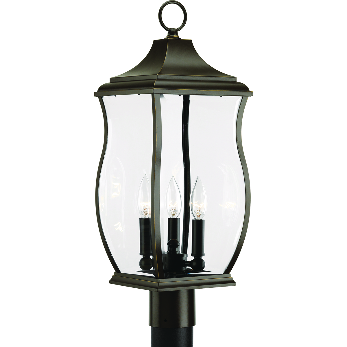 Enjoy the simple elegance of traditional styling in this three-light post lantern. Township's clear beveled glass and Oil Rubbed Bronze finish contains notes of New England-inspired style for this new outdoor lantern collection.