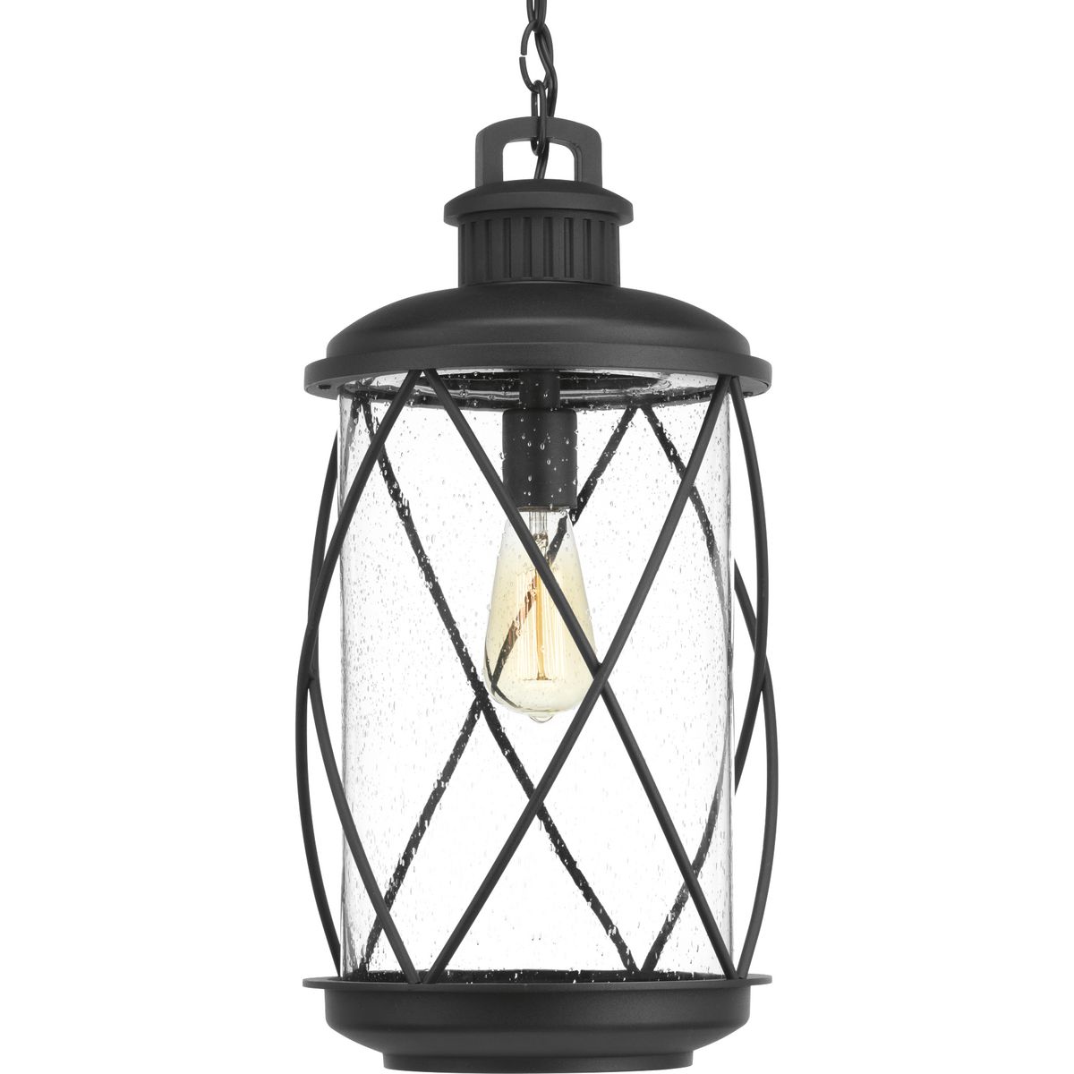 Hollingsworth hanging lantern features a crisscross design that surrounds clear seeded glass, emulating popular farmhouse decor. Ideal for a variety of transitional exteriors when paired with either vintage or traditional bulbs. Includes wall and pos...