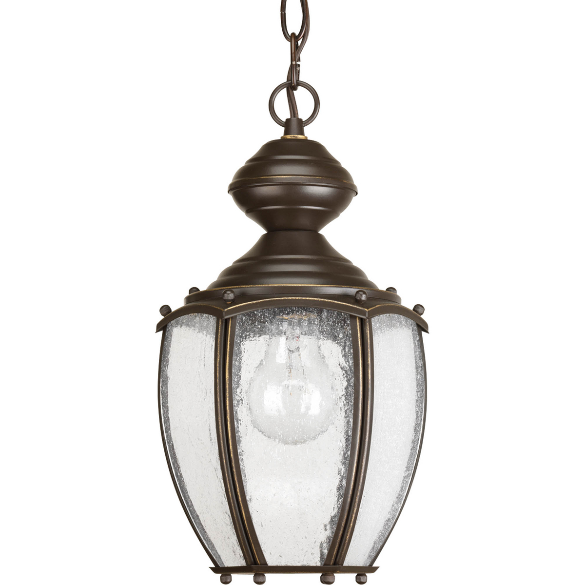 Solid one-light 7 in hanging lantern in rich weathered finish is complemented by seeded glass panels - a great choice for low maintenance and years of enjoyment. Chain and ceiling mounts included. Antique Bronze finish.