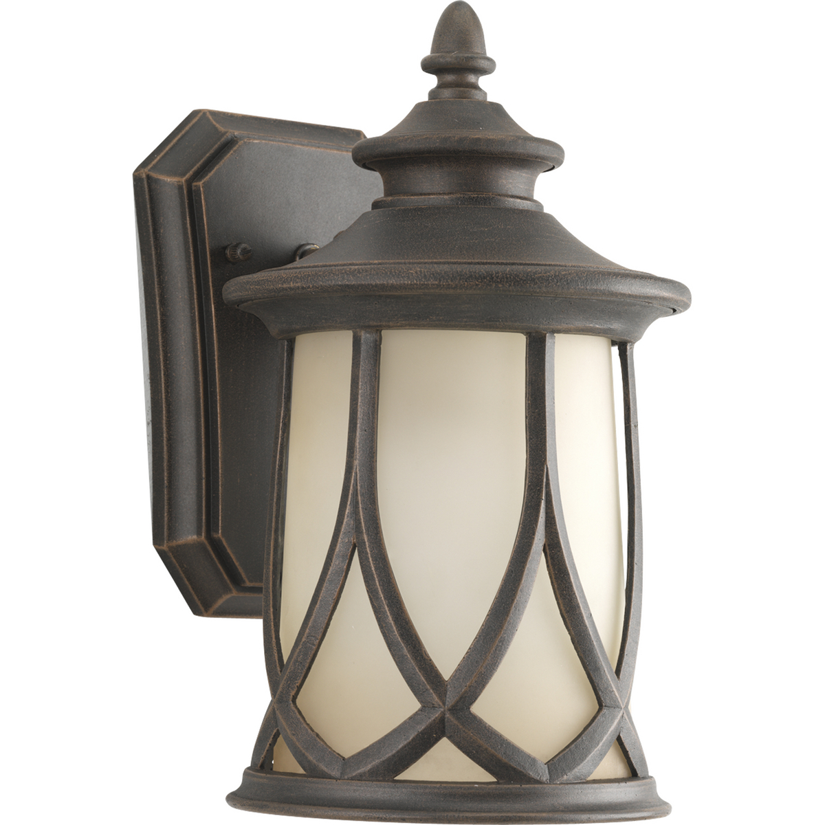 Tudor styling meets prairie design. Gradual umber tint on glass shades. A woven cast pattern encases a casual profile. Large scale cast aluminum lantern feature a durable powder coat finish. One-light small wall lantern.