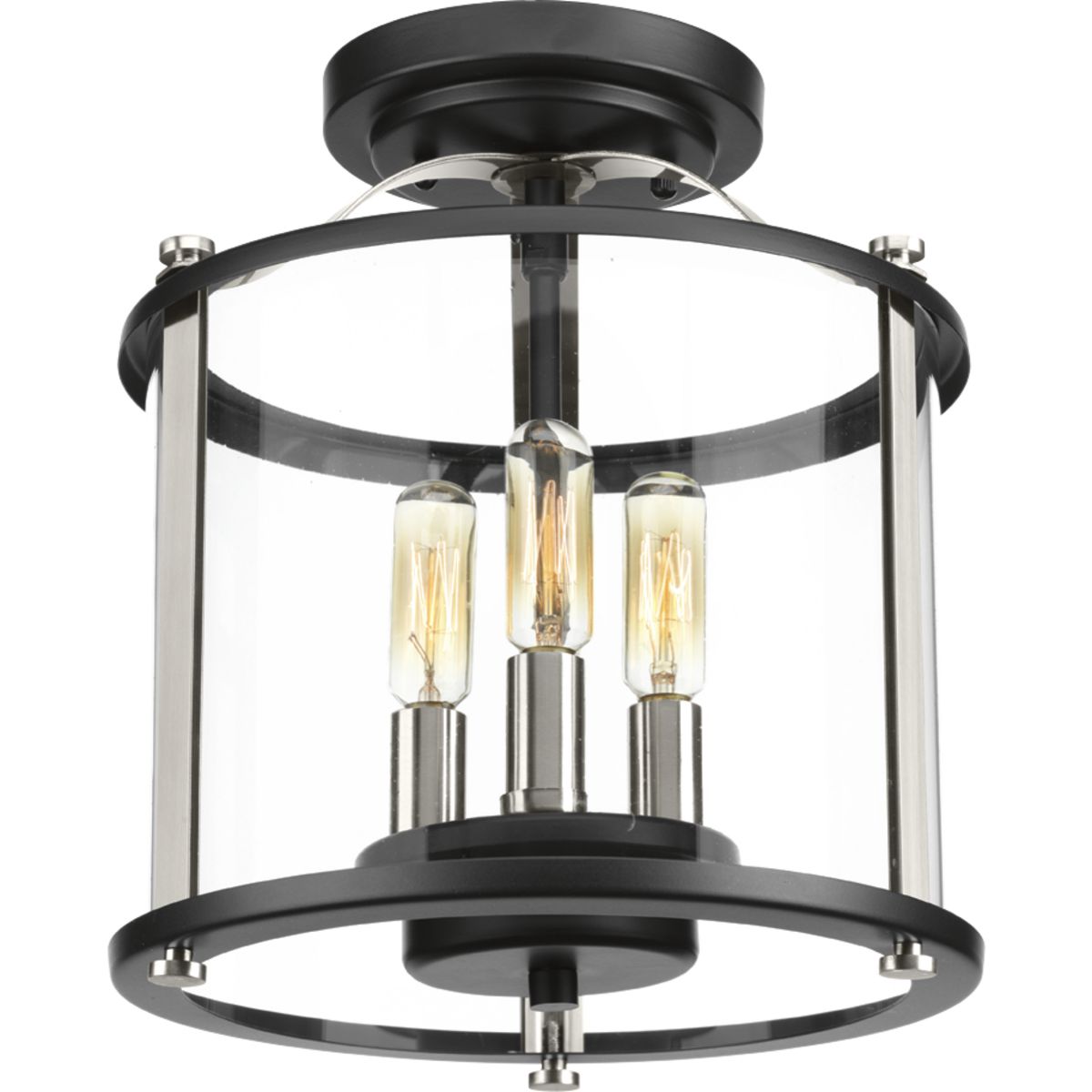 Squire three light  semi-flush convertible lantern features a classic traditional profile with clean, modern metal fittings. The Black finish is accented with contrasting Stainless Steel metallic elements, the cylindrical frame is comprised of a clear glass diffuser.