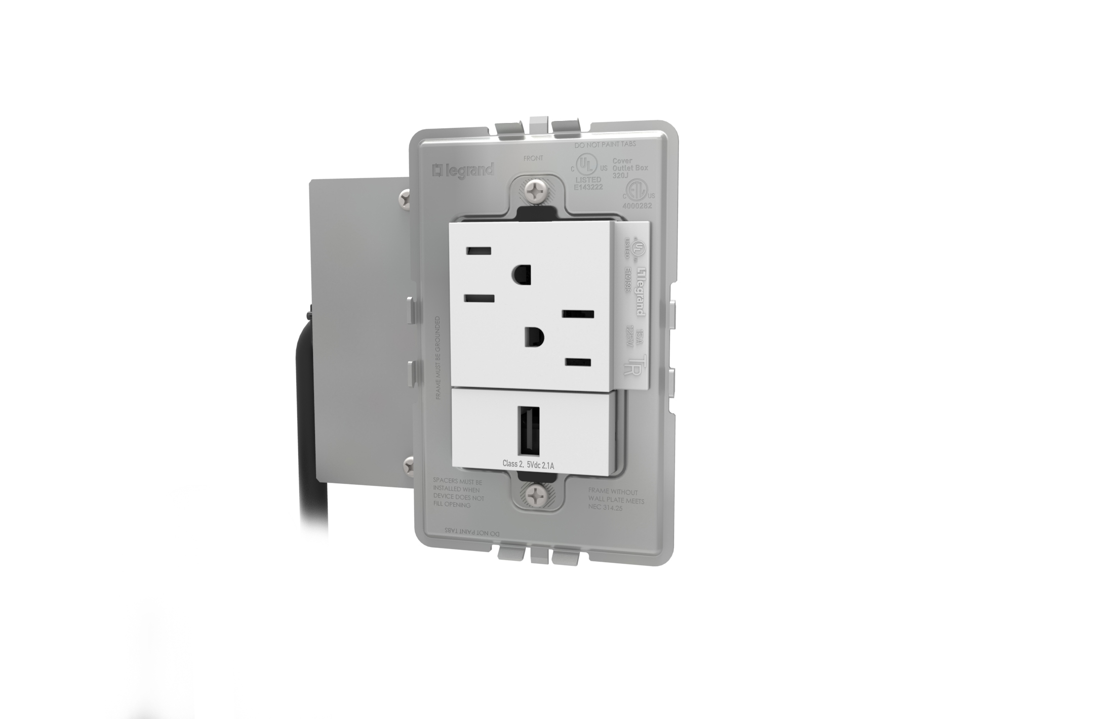 Easily add power and charging to furniture. 1 tamper-resistant outlet and 1 USB charging port in a white finish. Wall plate sold separately. View our FAQ page to learn more.