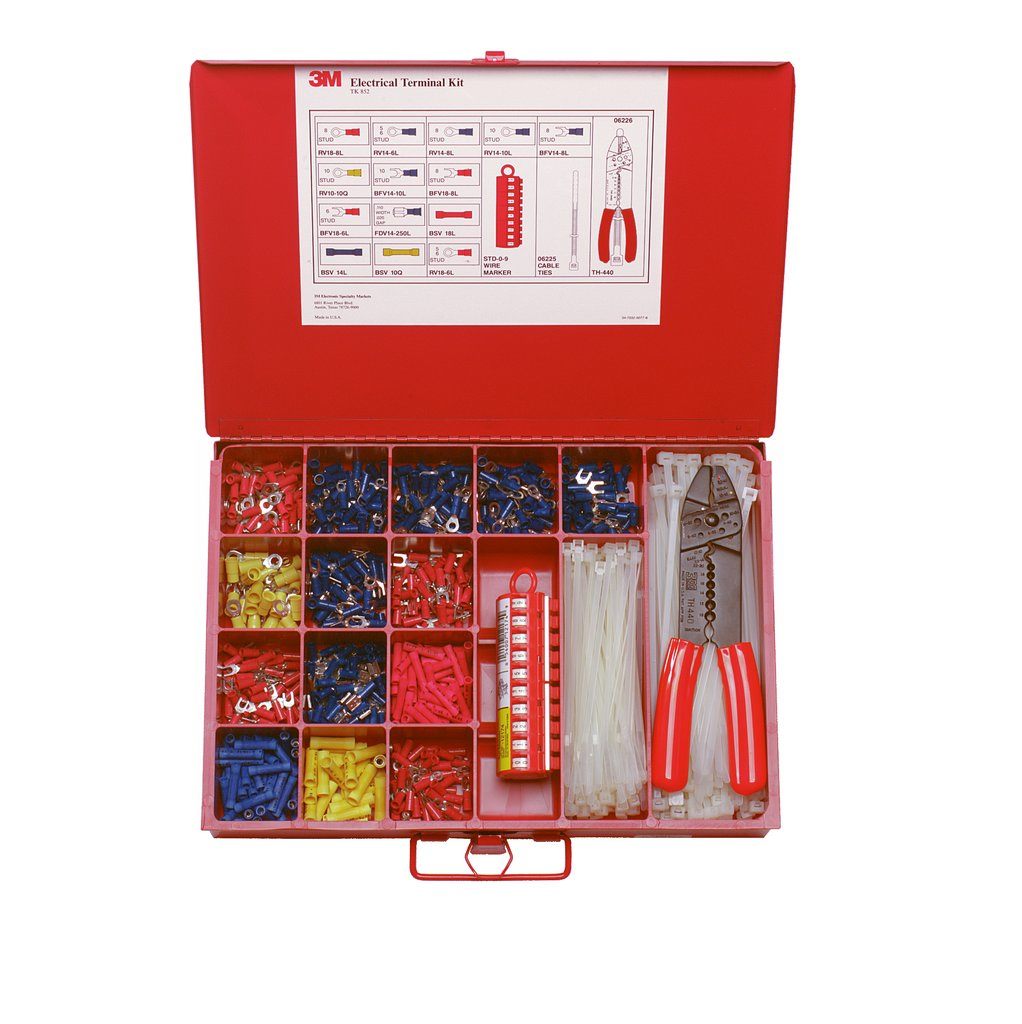 3M™ Scotchlok™ Terminal Kit includes an assortment of 650 insulated terminals (rings, forks, butt connectors and disconnects), 200 3M Cable Ties, a 3M Scotchlok Crimp Tool TH-440 , and a 3M ScotchCode™ Tape Dispenser STD-0-9. It has individual compartments to keep the products in an organized manner and a rugged metal frame to safeguard contents, even in severe conditions.